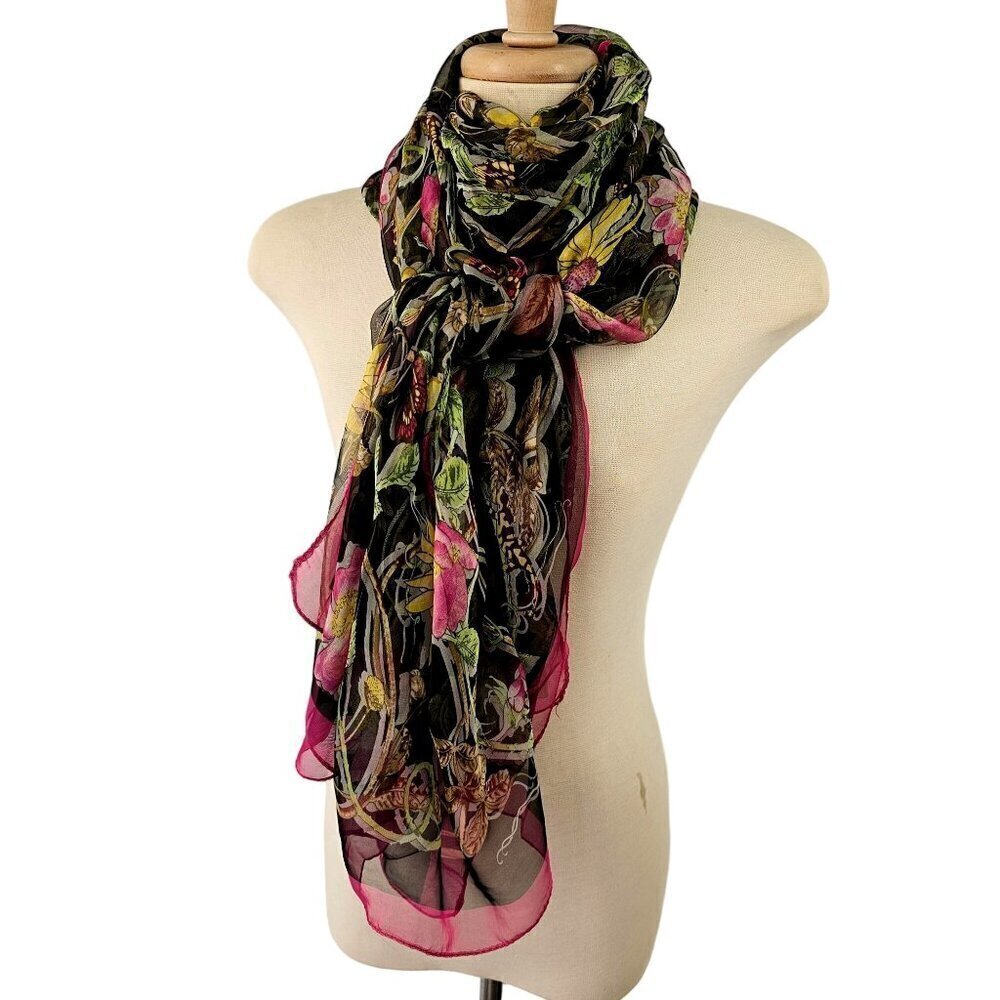Large Silk Blend Rectangular Scarf Sheer Pink Yellow Floral on Black 42 X 76